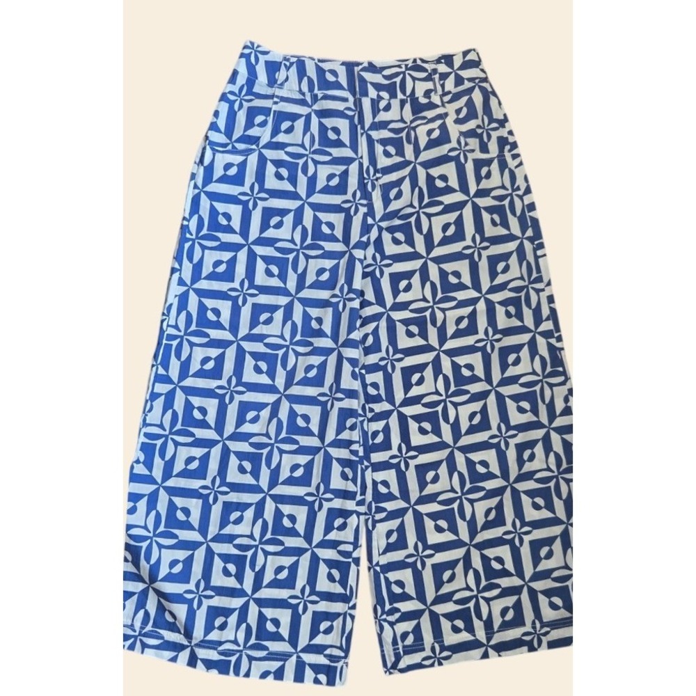 Free‎ People Blue White Geometric Print Wide Leg Cropped Pants Size 12 OB1308300
